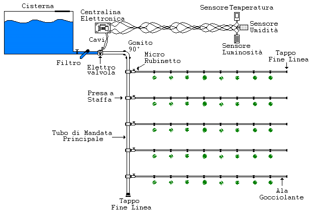 Schema impianto irrigazione a goccia